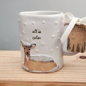 Rae Dunn All Is Calm Winter Snow Deer Textured Ceramic Mug NWT
